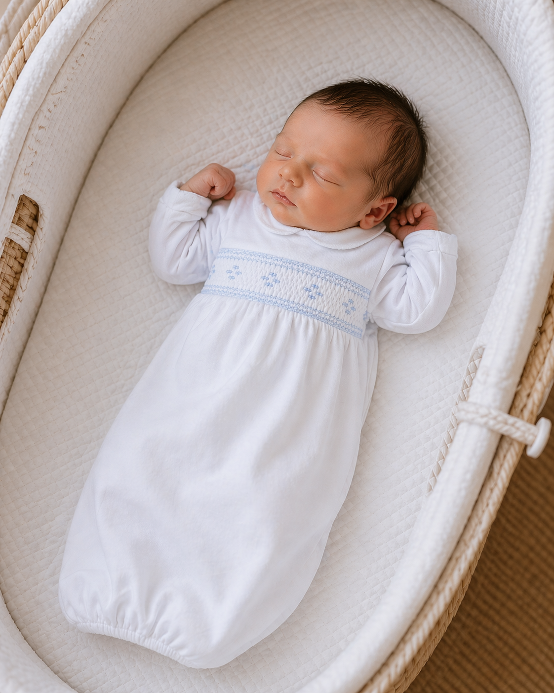 Hand Smocked White Pima Cotton Boy's Daygown - Little Threads Inc. Children's Clothing
