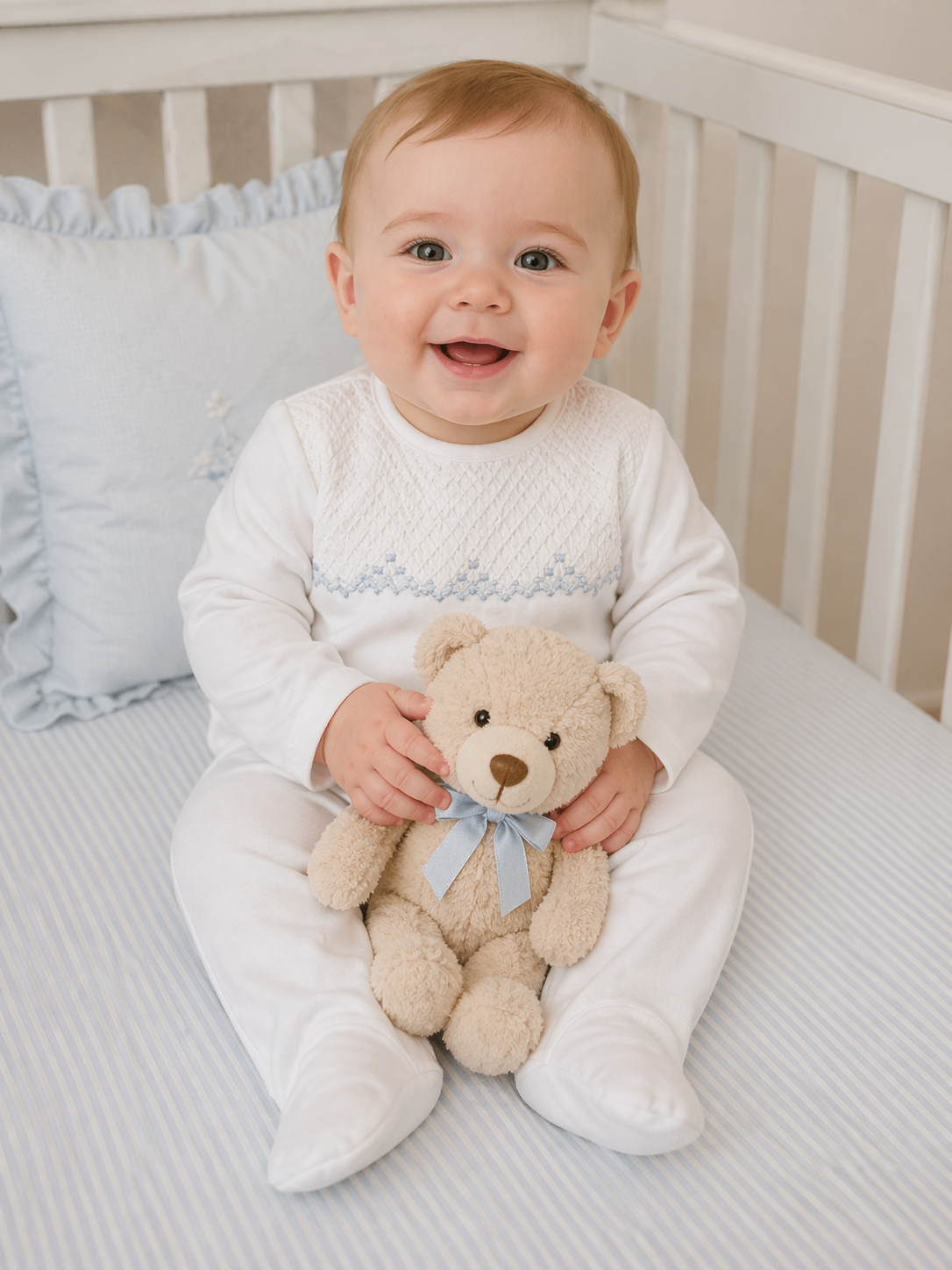 White Full Smocked Footie with Blue Trim - Little Threads Inc. Children's Clothing