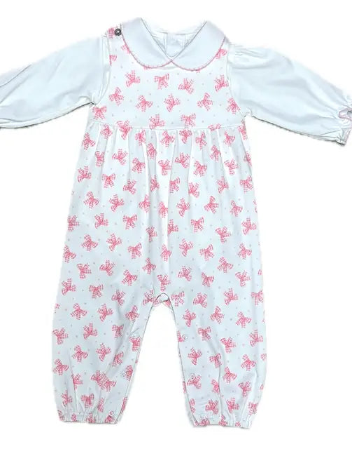 Girls Romper Set Pink Bows Print 100% Pima Cotton - Little Threads Inc. Children's Clothing