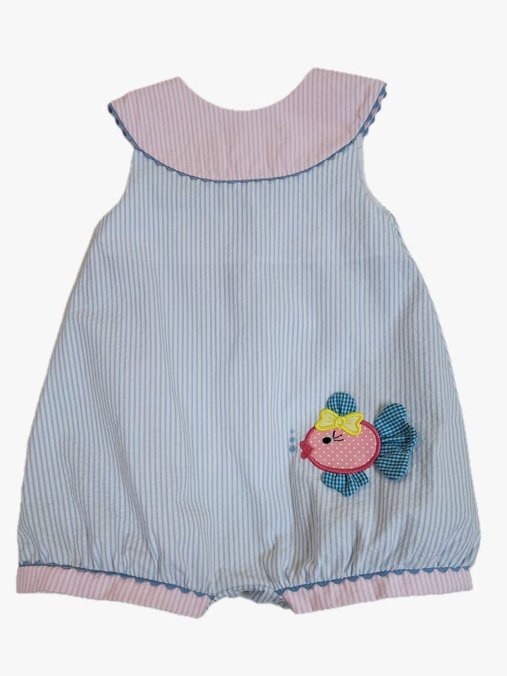 Fish Applique Blue and Pink Girls Romper - Little Threads Inc. Children's Clothing