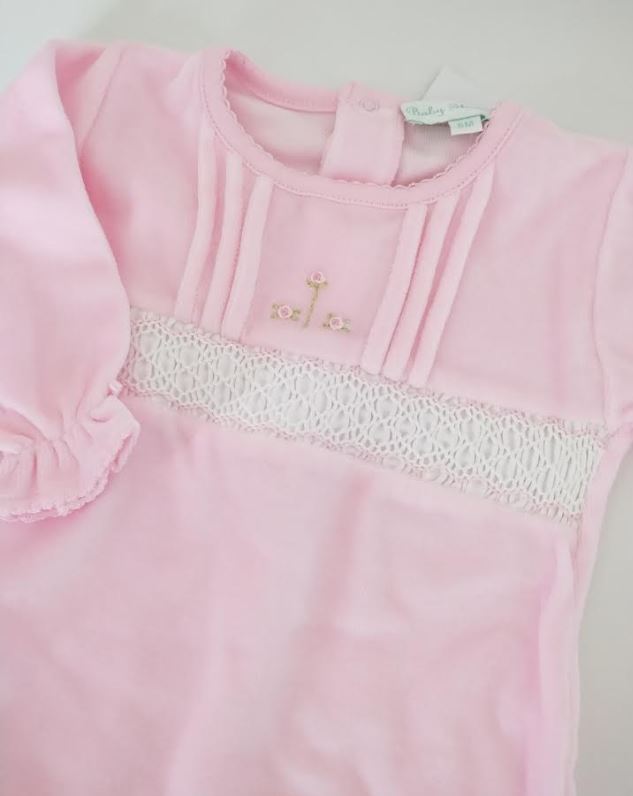 Pink Velour Smocked Footie with Pintucks - Little Threads Inc. Children's Clothing