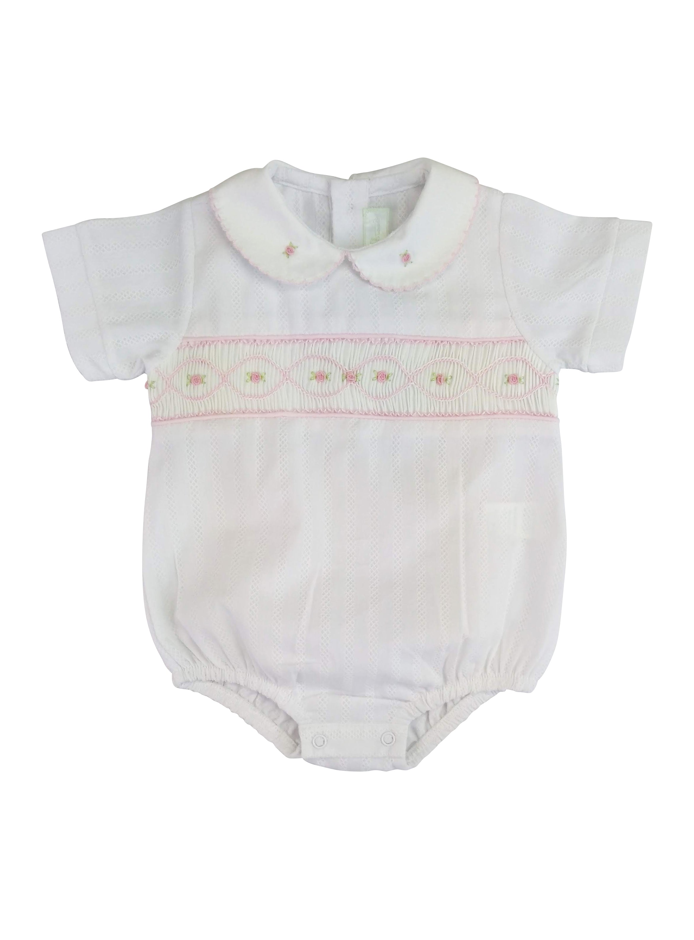 Baby girl Rosebuds White Smocked Romper - Little Threads Inc. Children's Clothing