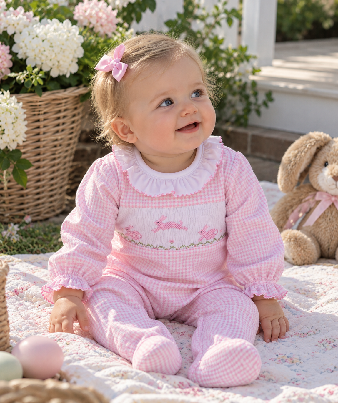 Pink Easter smocked Bunnies Pima Cotton Baby Footie - Little Threads Inc. Children's Clothing