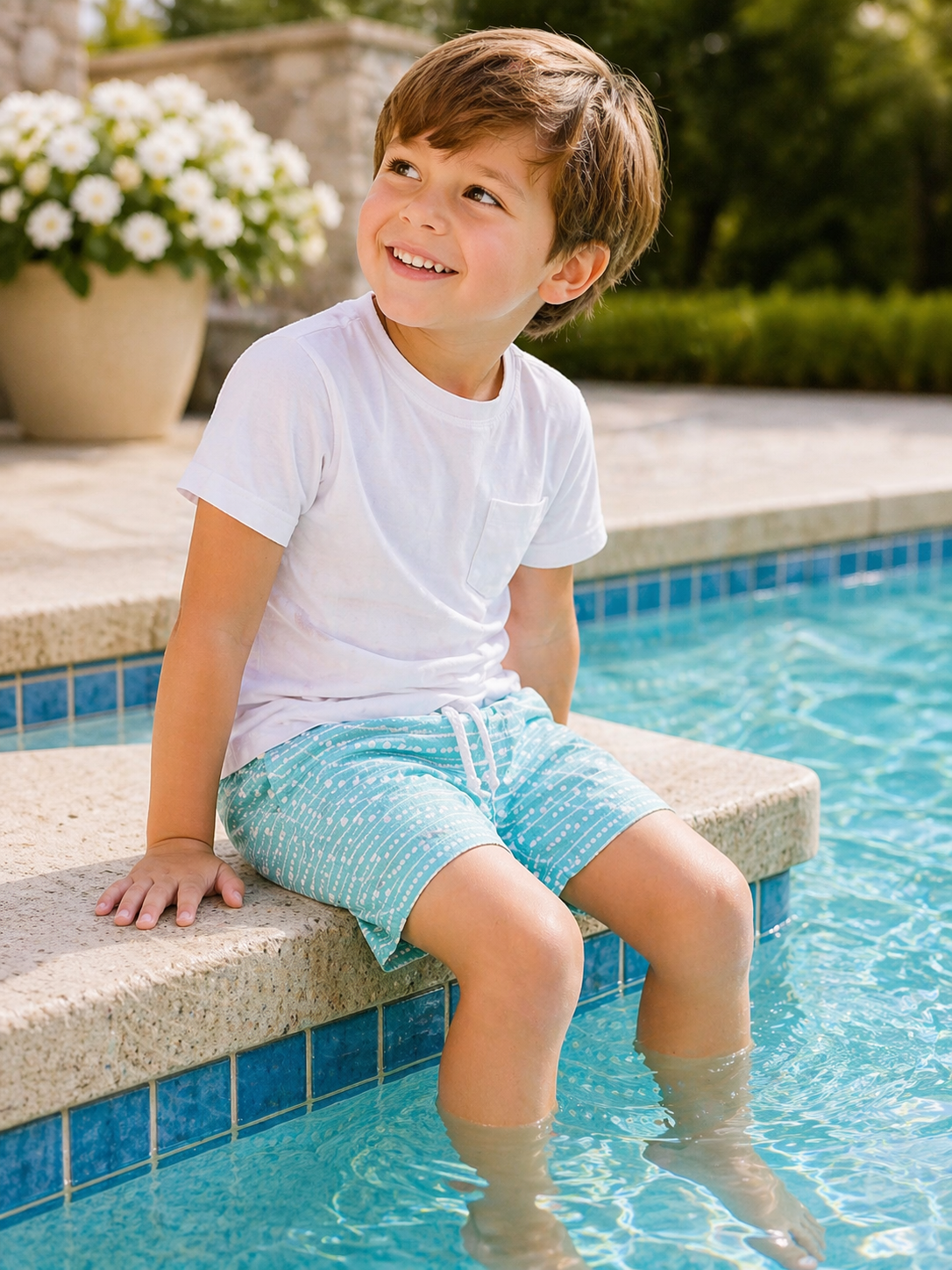 Teal stripes and dots baby boy swim trunks - Little Threads Inc. Children's Clothing