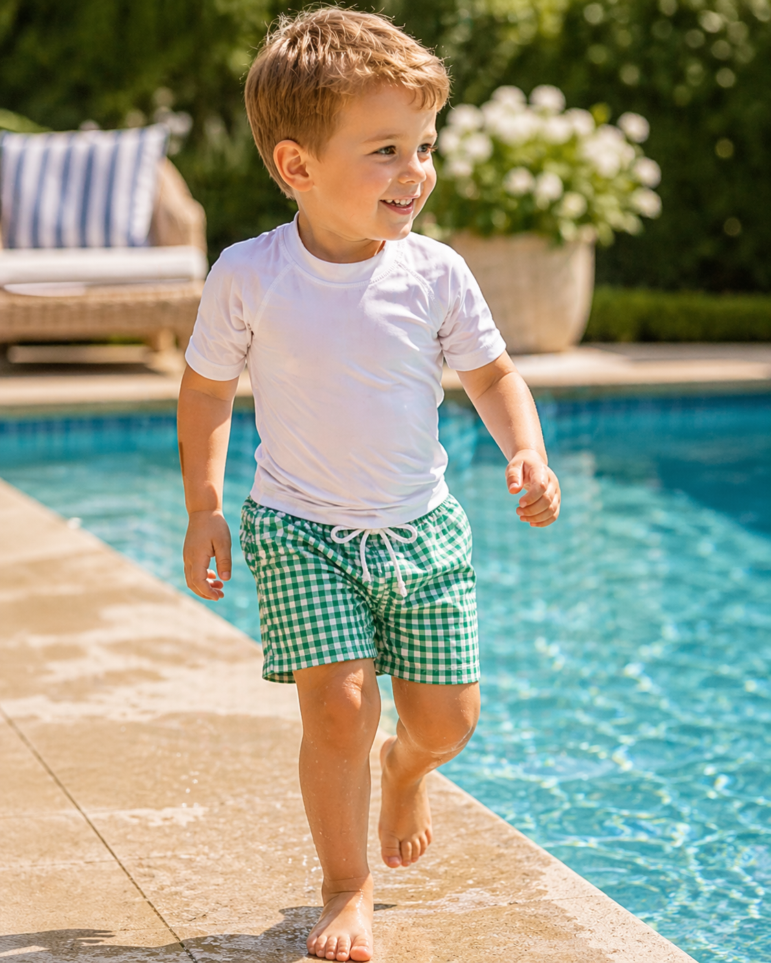 Boy's "Green Checks" Swim Trunks