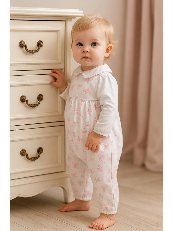 Girls Romper Set Pink Bows Print 100% Pima Cotton - Little Threads Inc. Children's Clothing