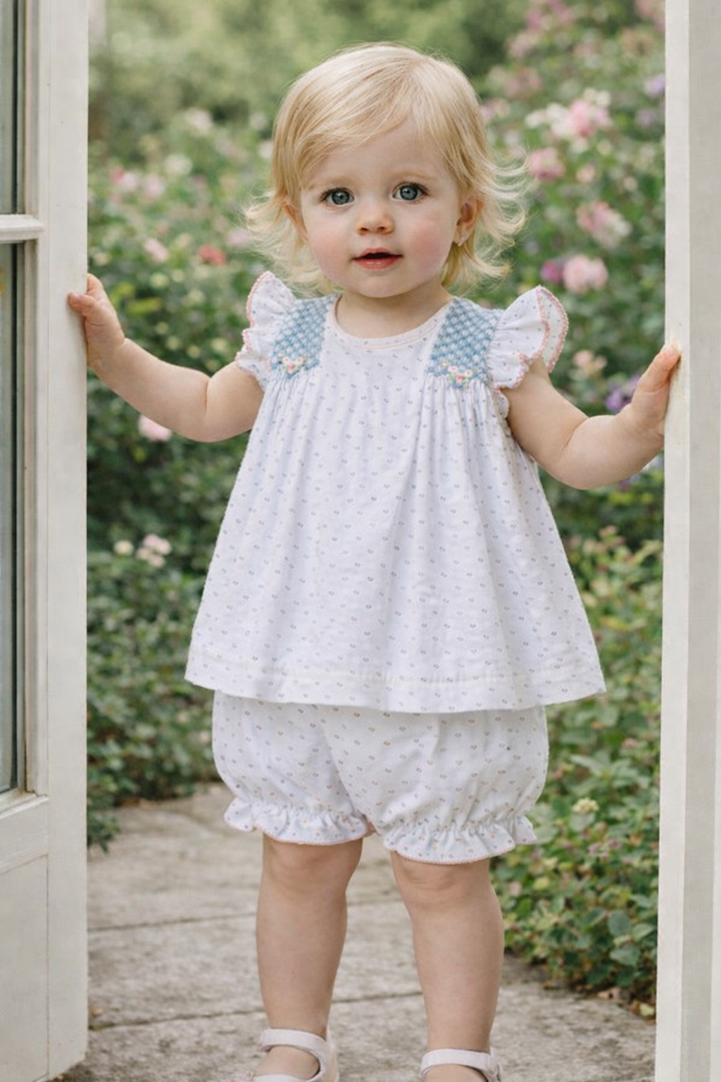 Sweet Spring Blue Plumeti Girl's Smocked Bloomer Set - Little Threads Inc. Children's Clothing
