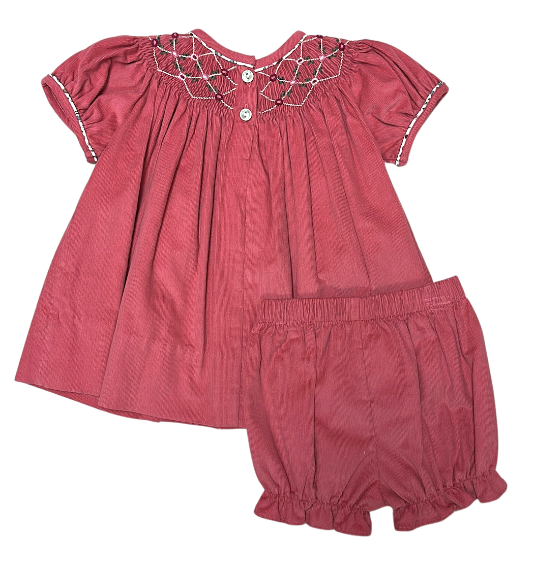 Isabella Fall Rose Corduroy Girl's Hand Smocked bishop set - Little Threads Inc. Children's Clothing