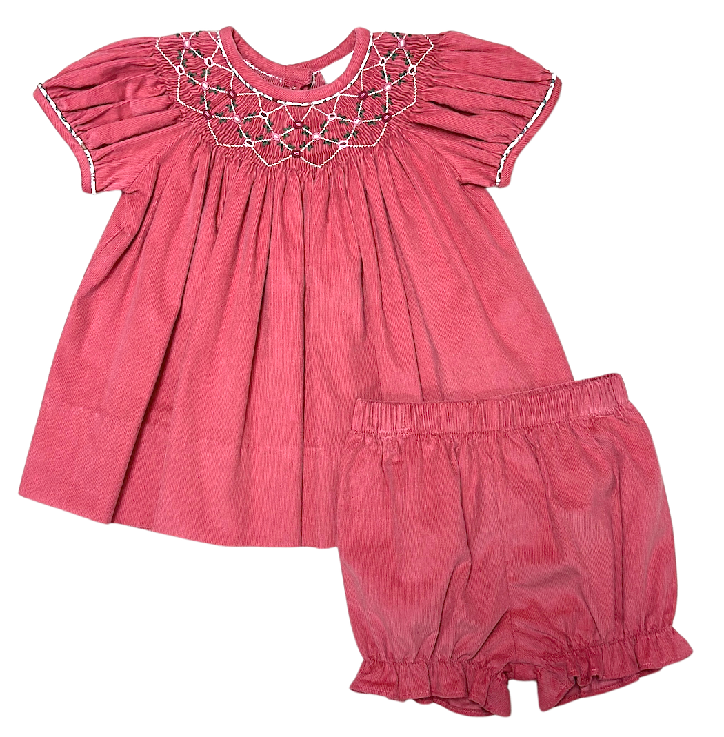 Isabella Fall Rose Corduroy Girl's Hand Smocked bishop set - Little Threads Inc. Children's Clothing