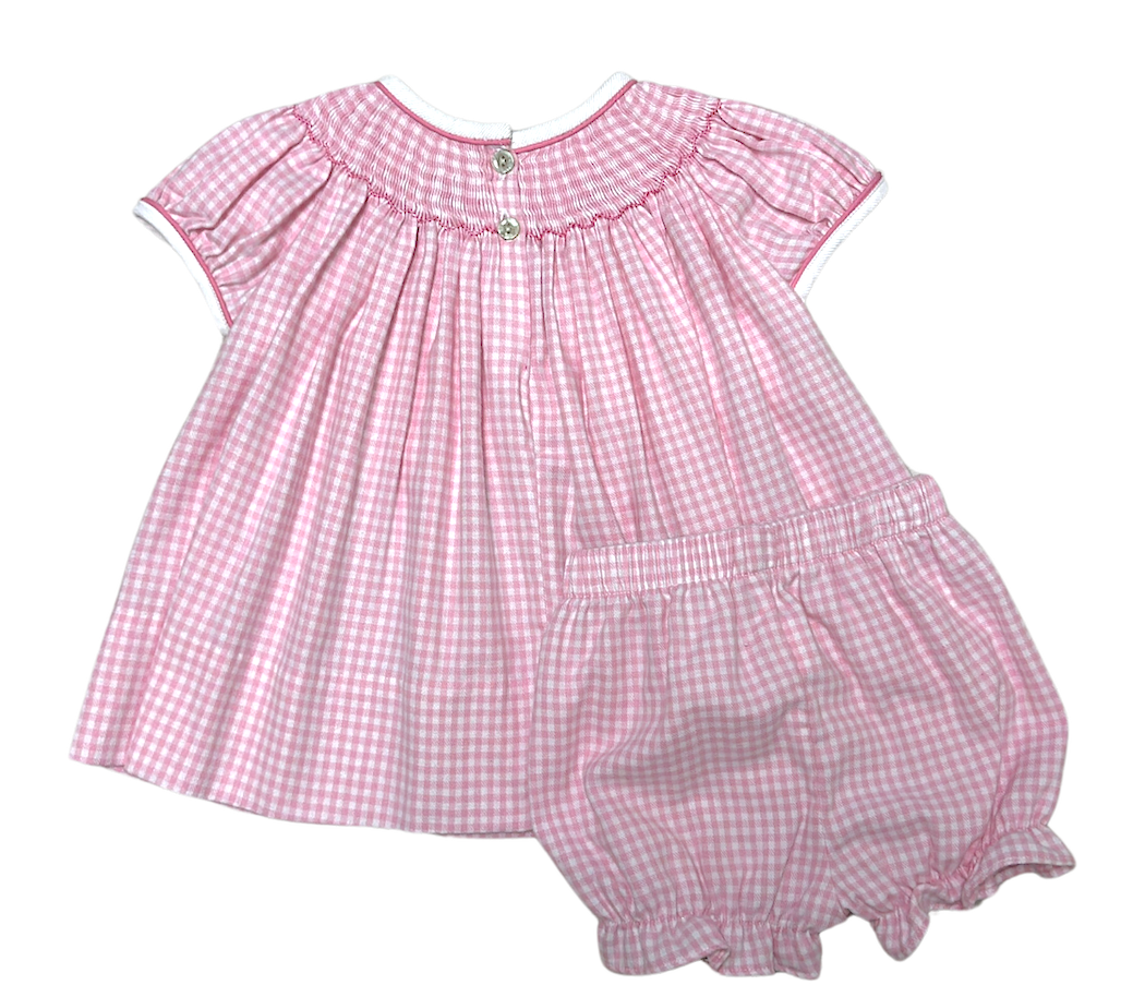 Pink Gingham Christmas Tree Smocked girl's bishop