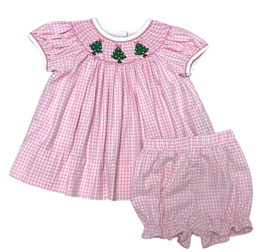 Pink Gingham Christmas Tree Smocked girl's bishop