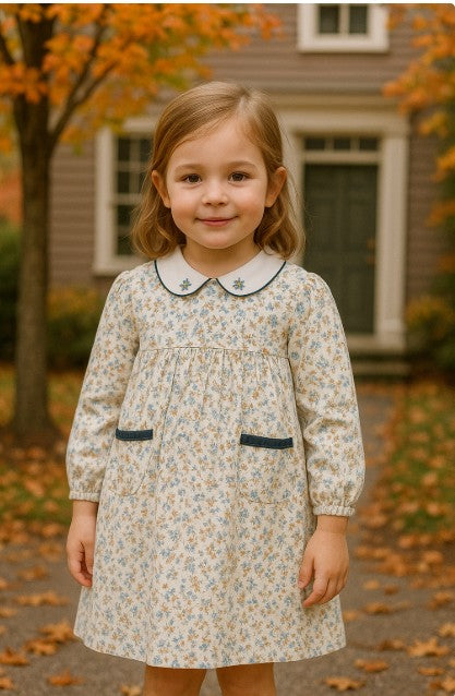 Fall Blue Dainty Flowers float Girl's Dress - Little Threads Inc. Children's Clothing