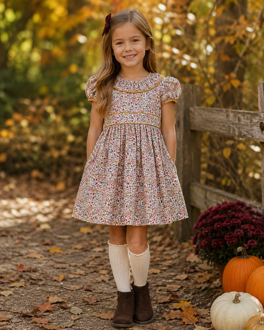Celine and Lucas Fall Floral Print and corduroy Girl's Dress