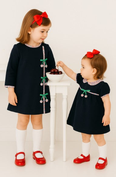 Girl's "Cherries" Long Sleeve Navy Corduroy A line Dress - Little Threads Inc. Children's Clothing