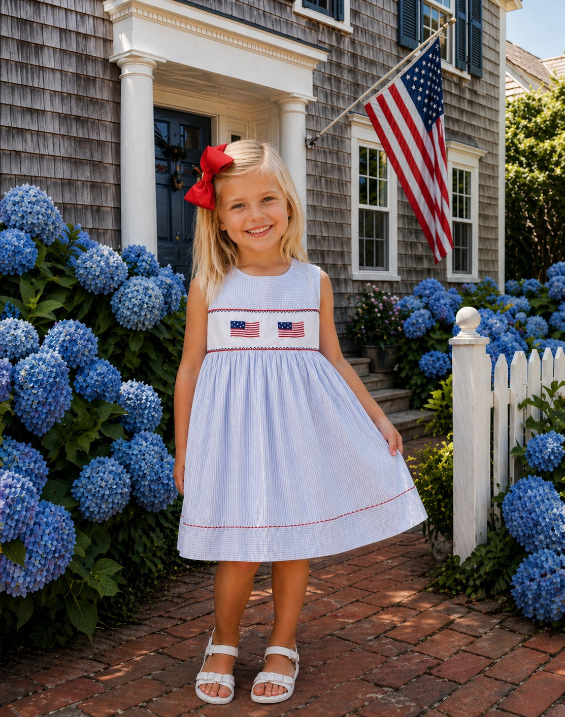 Girl's hand smocked blue stripes dress - 4th of July - Little Threads Inc. Children's Clothing
