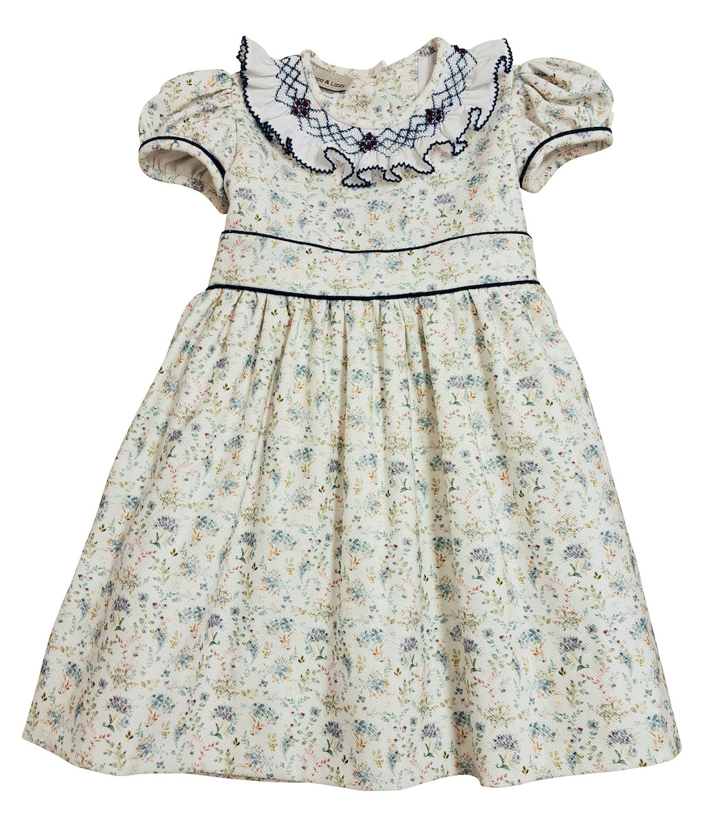 Mia - Girl's Fall Blue Floral Print Ruffled Collar Dress - Little Threads Inc. Children's Clothing