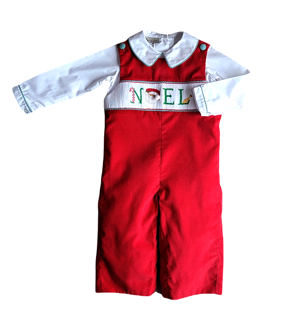 Boy's "Christmas Noel" Red Smocked Overall with White top - Little Threads Inc. Children's Clothing