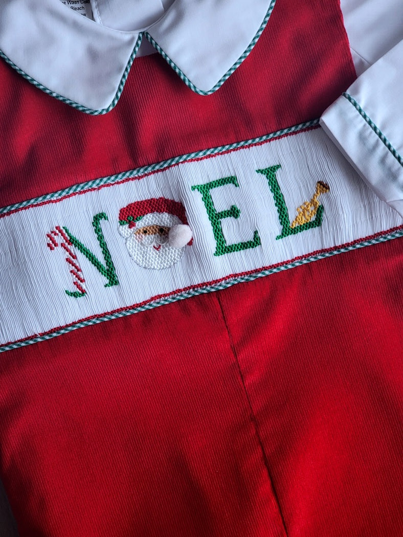 Boy's "Christmas Noel" Red Smocked Overall with White top - Little Threads Inc. Children's Clothing