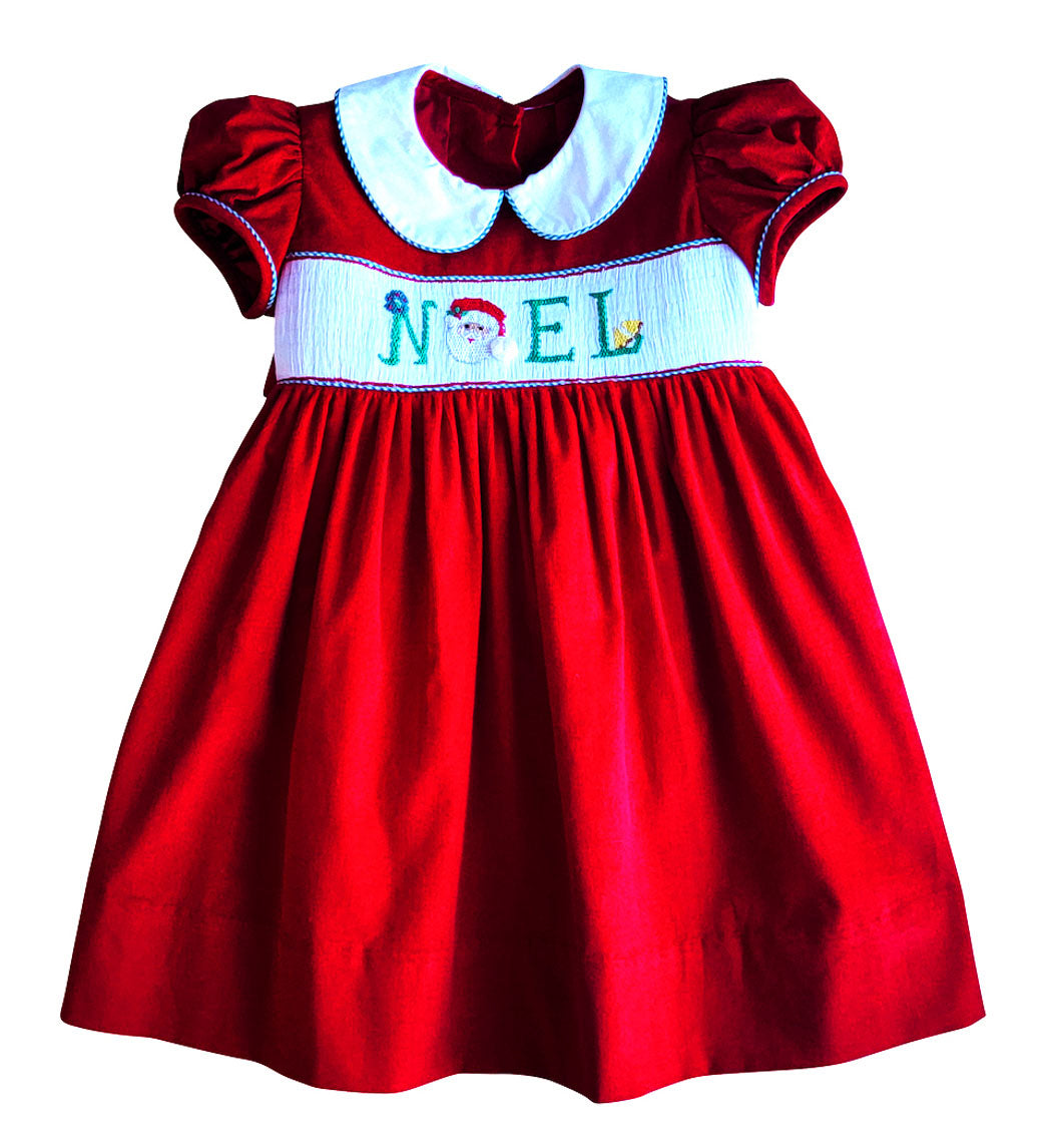 Girl's "Christmas Noel" Hand Smocked Red Corduroy Dress - Little Threads Inc. Children's Clothing
