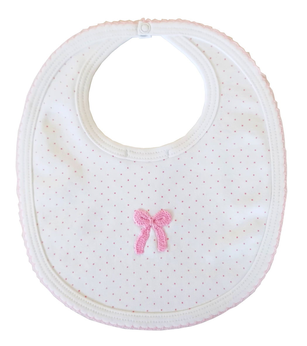 Baby Girl's Pink Dots and Crochet Bow Bib - Little Threads Inc. Children's Clothing