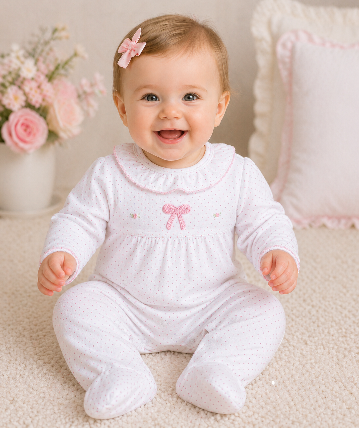 Bow Crochet - Baby girl footie Pima Cotton - Little Threads Inc. Children's Clothing