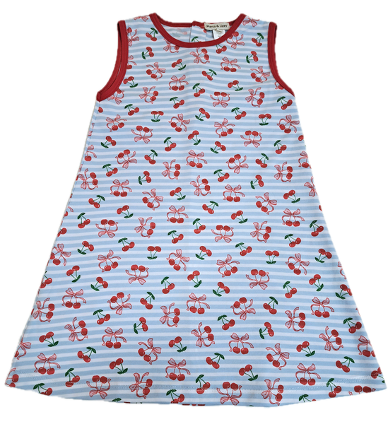 Cherry and Blue stripe A line girl's dress Cherry Collection - Little Threads Inc. Children's Clothing
