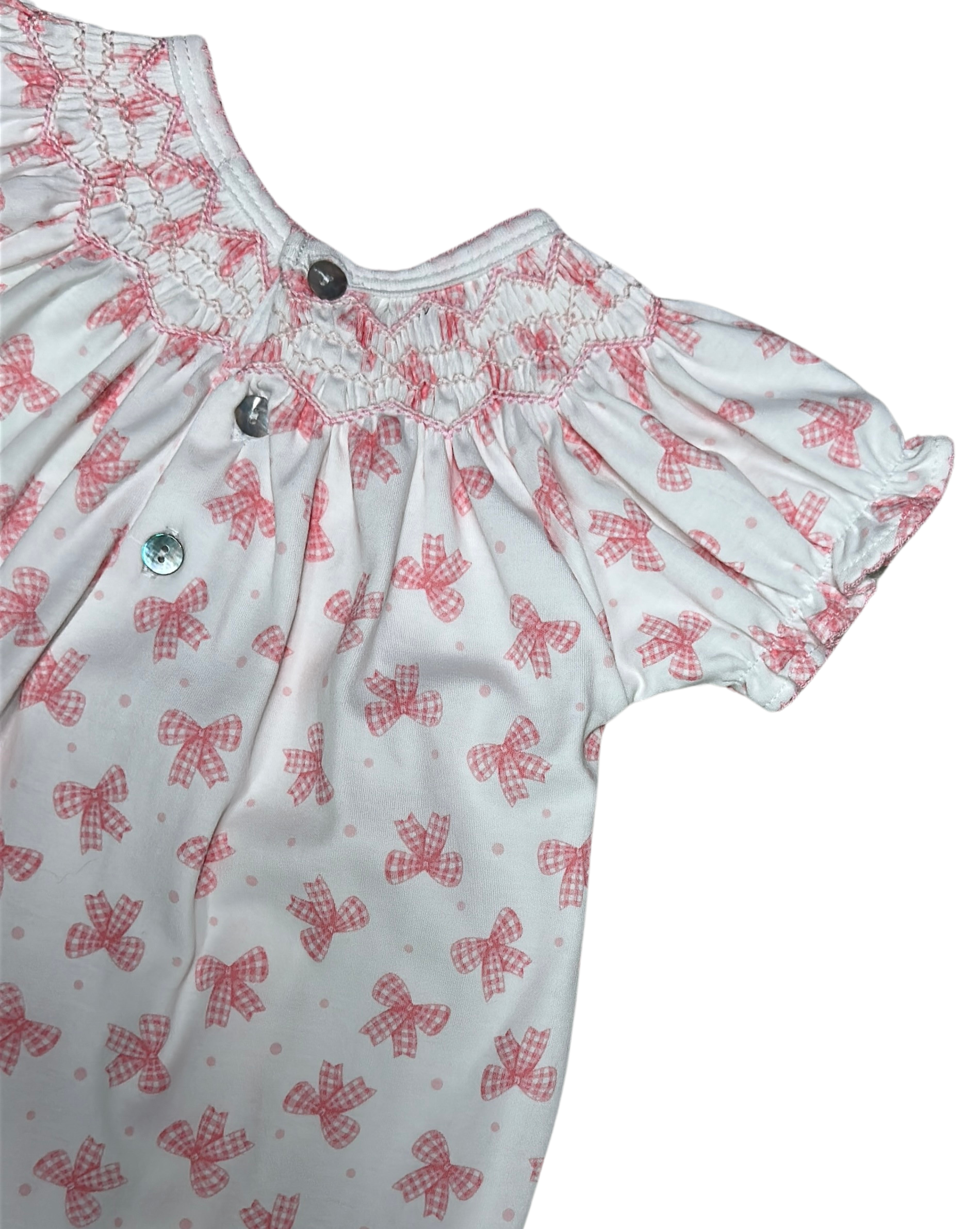 Pink Bows Hand Smocked Baby Girl Bishop Dress Set