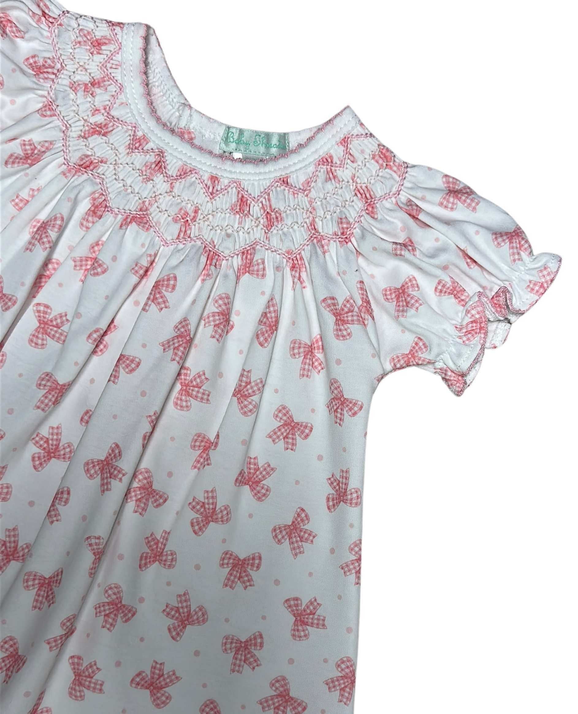 Pink Bows Hand Smocked Baby Girl Bishop Dress Set