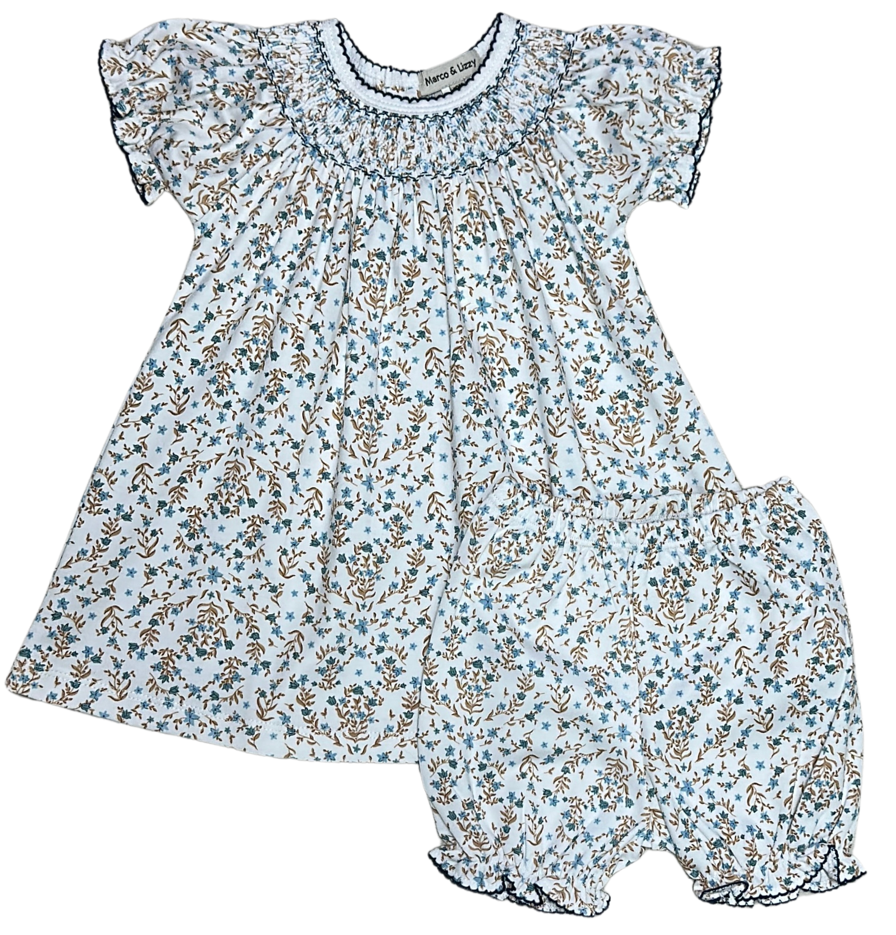 Blue Floral Hand Smocked Girls Bishop Ariana and Drew 2pc Set