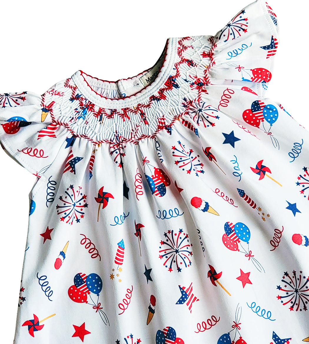 4th of July Print Girls smocked bishop Pima Cotton - Little Threads Inc. Children's Clothing