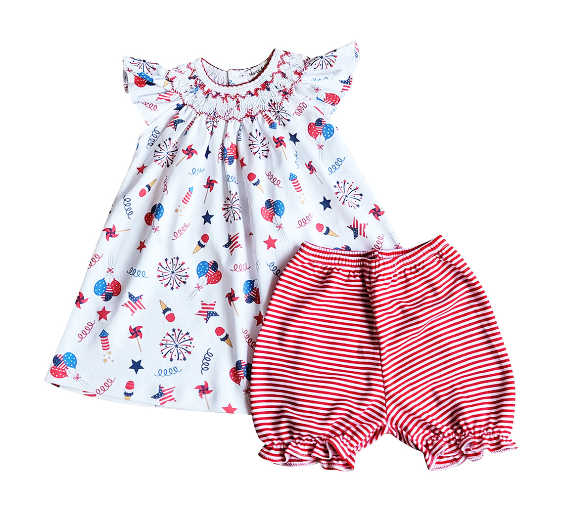 4th of July Print Girls smocked bishop Pima Cotton - Little Threads Inc. Children's Clothing