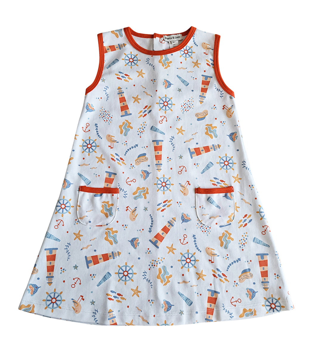 Seaside Print Girl's Dress Pima Cotton - Little Threads Inc. Children's Clothing