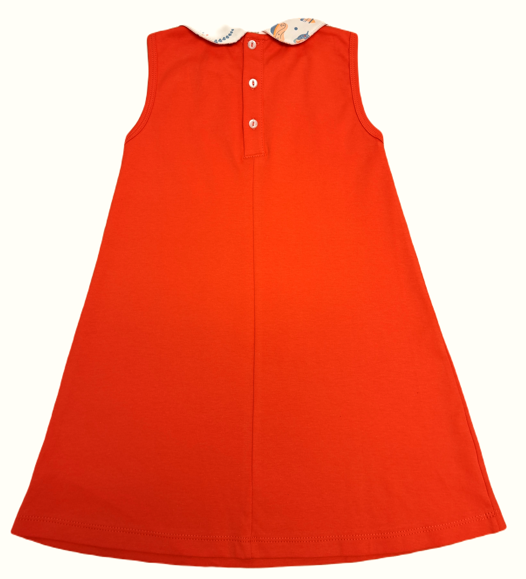 Seaside Print Orange dress with collar Pima Cotton - Little Threads Inc. Children's Clothing