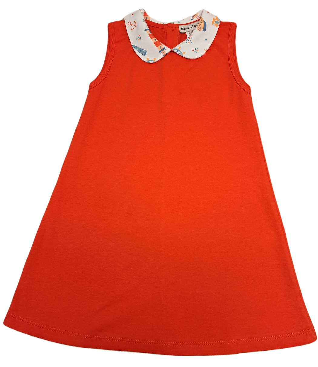 Seaside Print Orange dress with collar Pima Cotton - Little Threads Inc. Children's Clothing