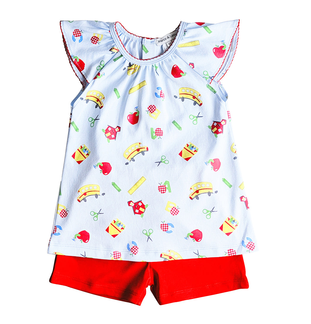 Back To school Girl red short set Pima Cotton - Little Threads Inc. Children's Clothing