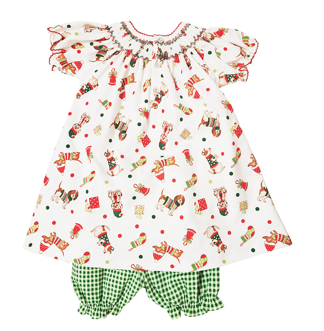 Christmas Dogs baby girl hand smocked bishop - Little Threads Inc. Children's Clothing