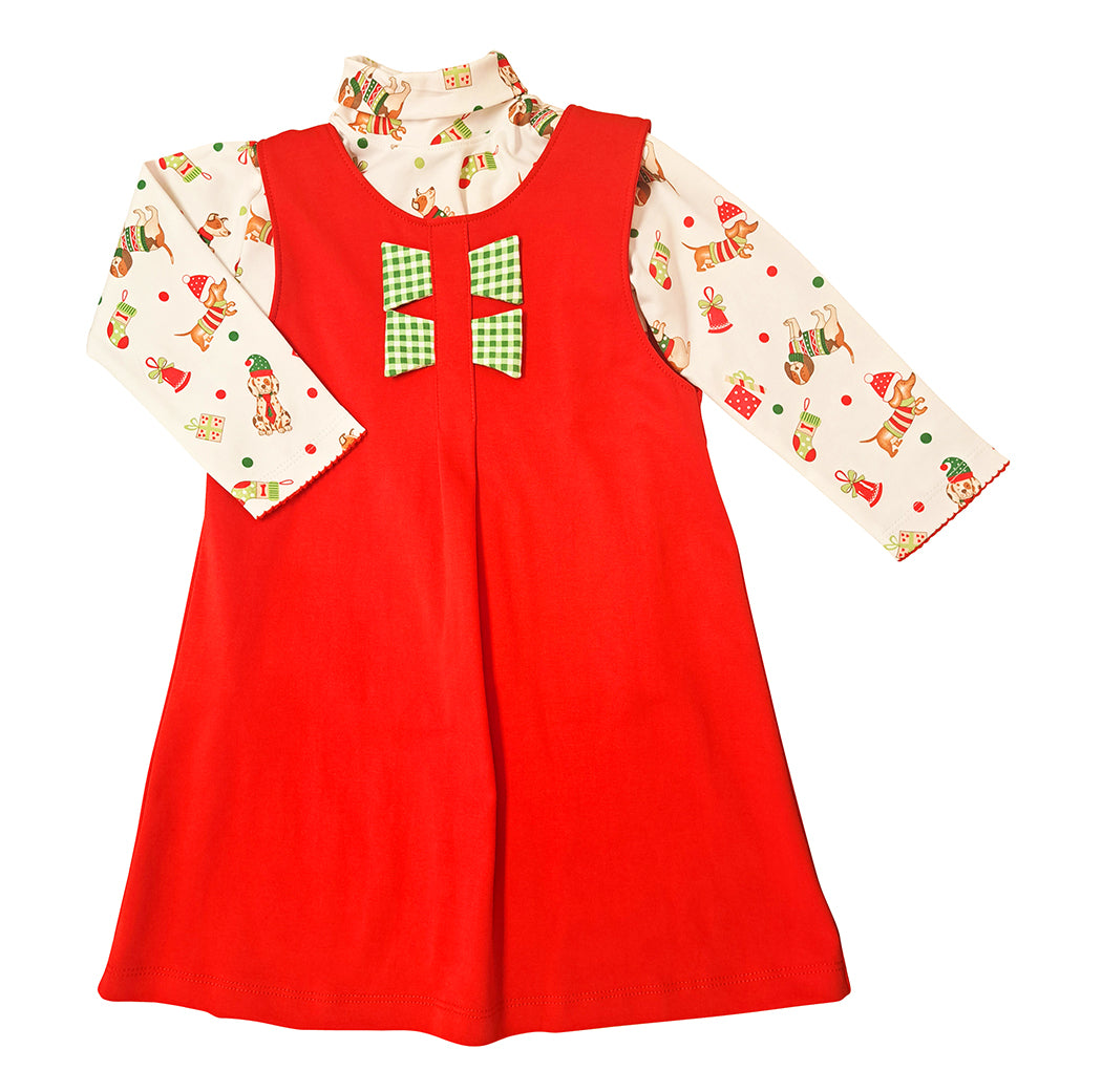 Christmas Dogs Print top and Red Girl's Jumper set - Little Threads Inc. Children's Clothing