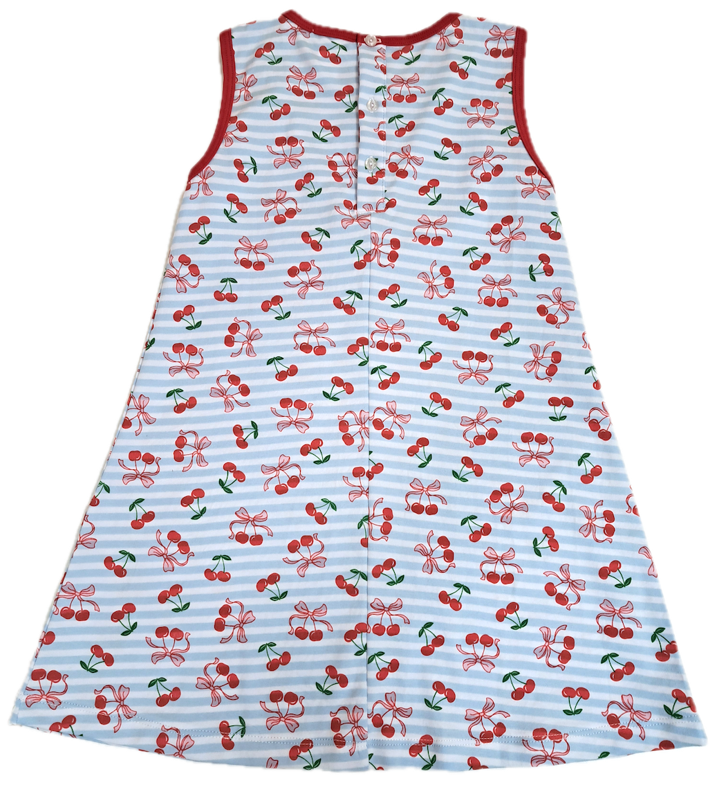 Cherry and Blue stripe A line girl's dress Cherry Collection - Little Threads Inc. Children's Clothing