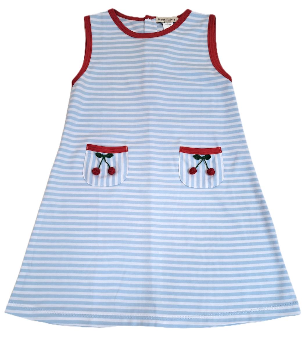 Cherry Blue Striped girl's A line dress - Little Threads Inc. Children's Clothing