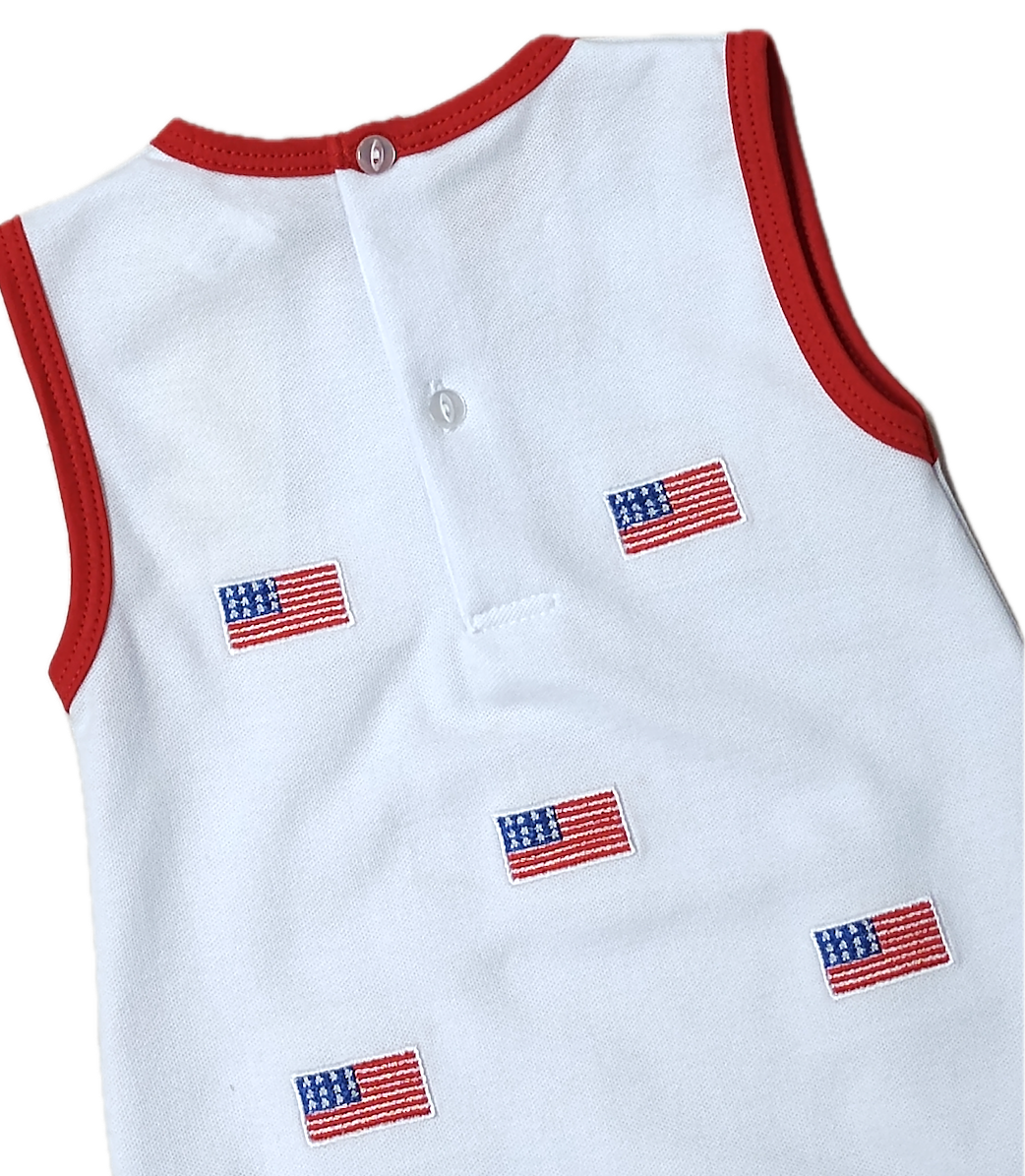 Star Spangled Banner Flags all over boy's romper - Little Threads Inc. Children's Clothing