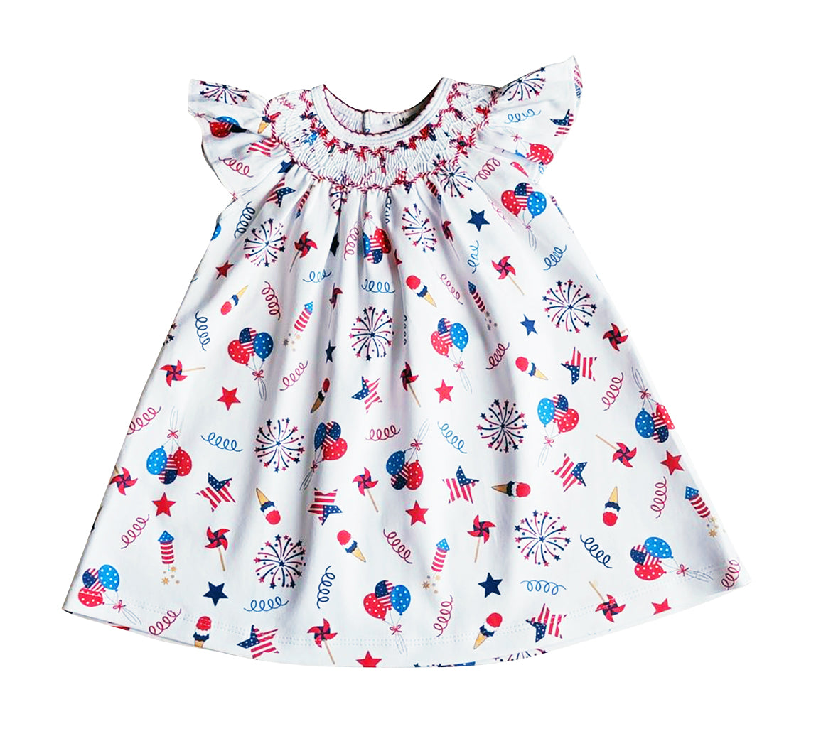 4th of July Print Girls smocked bishop Pima Cotton - Little Threads Inc. Children's Clothing
