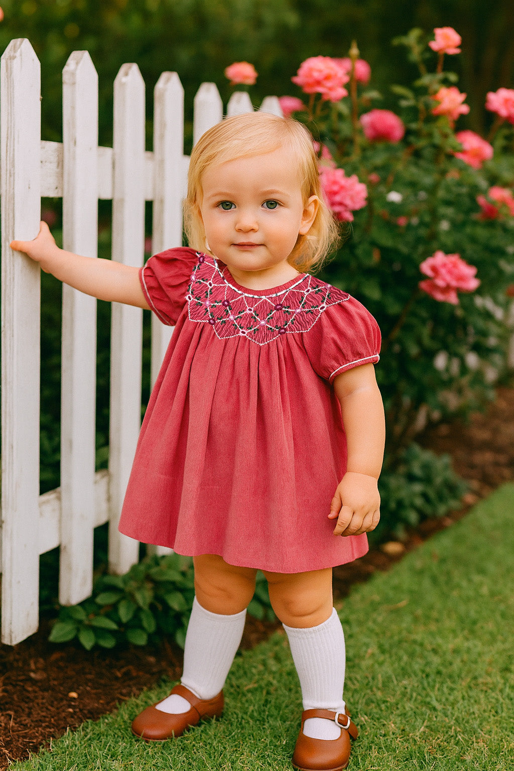 Isabella Fall Rose Corduroy Girl's Hand Smocked bishop set - Little Threads Inc. Children's Clothing