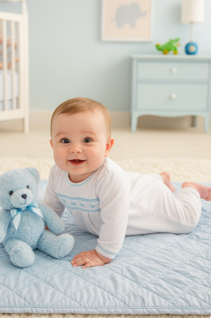 Baby Boy's White Jacquard Smocked converter gown - Little Threads Inc. Children's Clothing