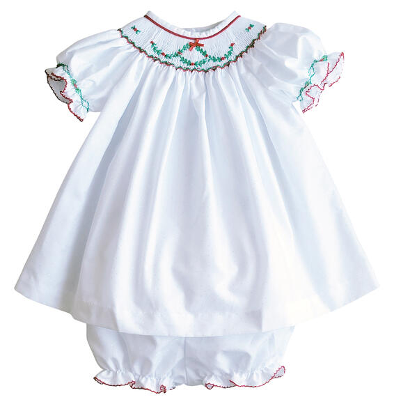 White Christmas Wreath Smocked Girl's Bishop - Little Threads Inc. Children's Clothing