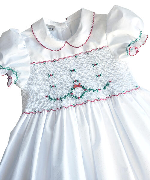 White Christmas wreath Hand smocked Girl's dress - Little Threads Inc. Children's Clothing