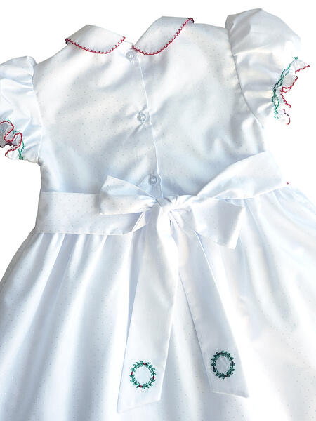 White Christmas wreath Hand smocked Girl's dress - Little Threads Inc. Children's Clothing