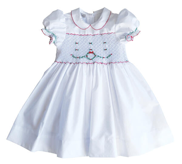 White Christmas wreath Hand smocked Girl's dress - Little Threads Inc. Children's Clothing