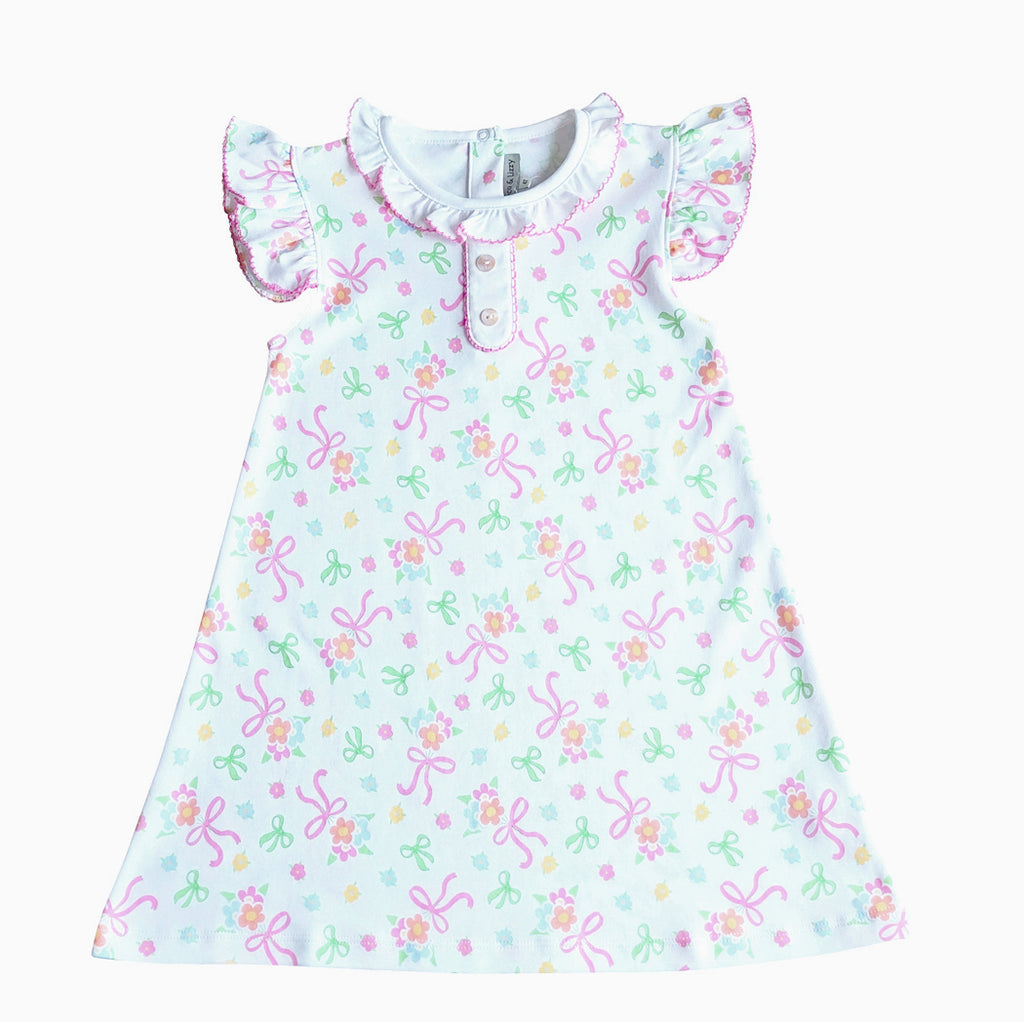 Bows and Flowers A line Girls Dress Pima Cotton - Little Threads Inc. Children's Clothing