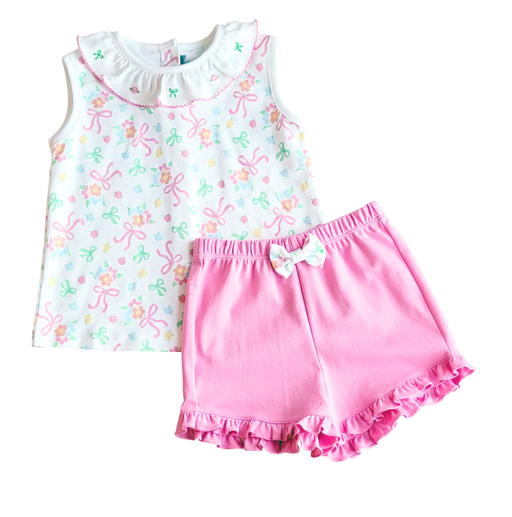 Bows and Flowers Girls Shirt and Short Set  Pima Cotton - Little Threads Inc. Children's Clothing