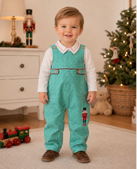 Christmas Nutcracker 2 piece white top green boy Longall Set - Little Threads Inc. Children's Clothing